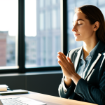 **Image Prompt:** A woman in a fully clothed, modest business casual outfit, practicing mindful breathing at her office desk. Sunlight streams through the window, illuminating her calm face. Background: a modern office space with muted colors and blurred details. Perfect anatomy, correct proportions, natural pose, well-formed hands, proper finger count. Safe for work, appropriate content, professional, family-friendly.