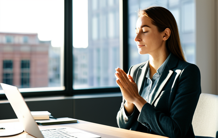 **Image Prompt:** A woman in a fully clothed, modest business casual outfit, practicing mindful breathing at her office desk. Sunlight streams through the window, illuminating her calm face. Background: a modern office space with muted colors and blurred details. Perfect anatomy, correct proportions, natural pose, well-formed hands, proper finger count. Safe for work, appropriate content, professional, family-friendly.