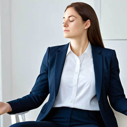 마인드풀니스 연습을 위한 필수 도구 - Mindful Breathing in a Modern Office**

A professional businesswoman in a modest business suit, sitt...