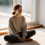 마인드풀니스 실천을 통해 얻는 인사이트 - **Prompt:** A young woman (20s-30s) with a serene expression is sitting cross-legged on a plush rug ...