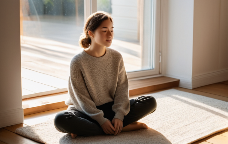 마인드풀니스 실천을 통해 얻는 인사이트 - **Prompt:** A young woman (20s-30s) with a serene expression is sitting cross-legged on a plush rug ...