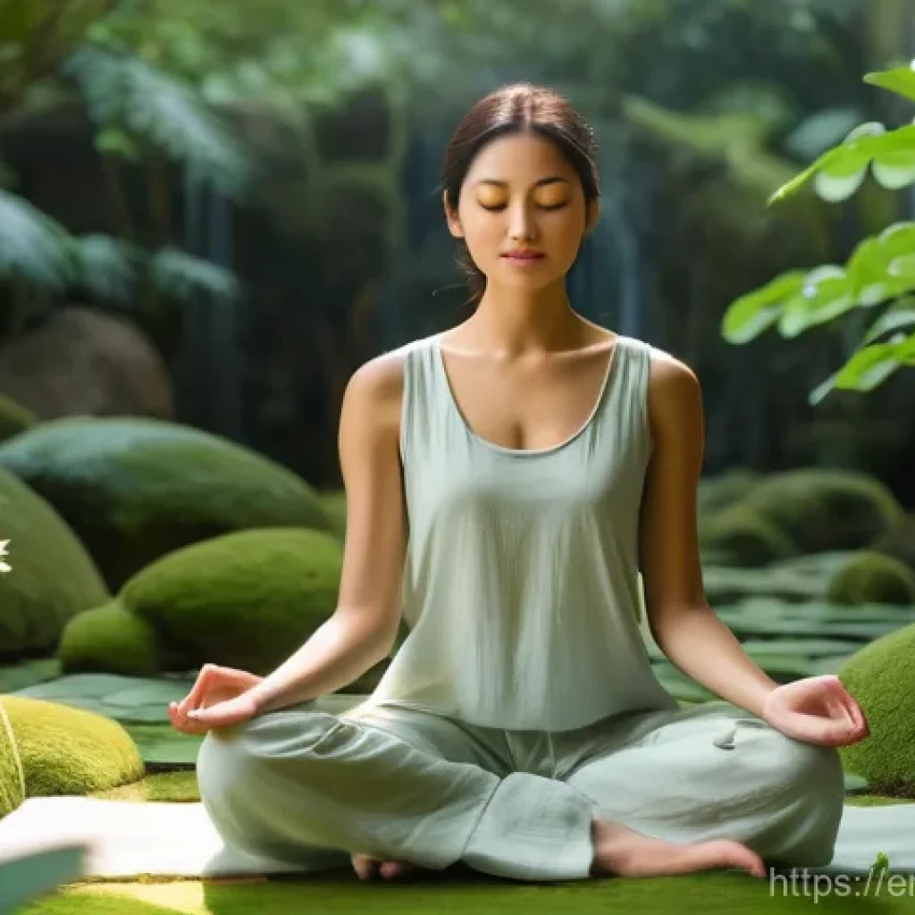 마인드풀니스와 감정 조절 방법 - A serene and contemplative adult, gender-neutral, is seated in a gentle lotus pose amidst a lush, et...