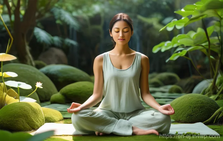 마인드풀니스와 감정 조절 방법 - A serene and contemplative adult, gender-neutral, is seated in a gentle lotus pose amidst a lush, et...