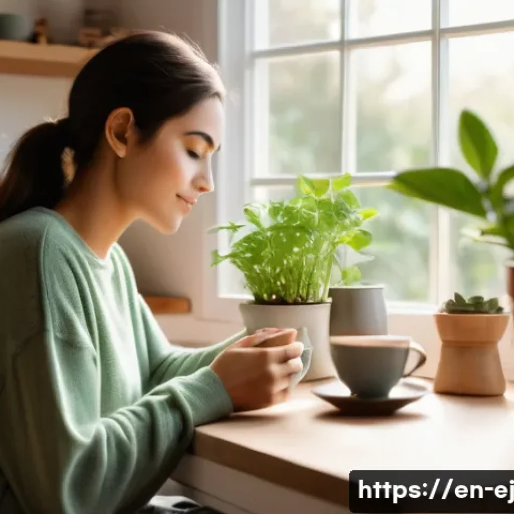 마인드풀니스와 일상에서의 행복 찾기 - A serene morning scene in a cozy, sunlit kitchen where a young adult woman sits peacefully at a smal...