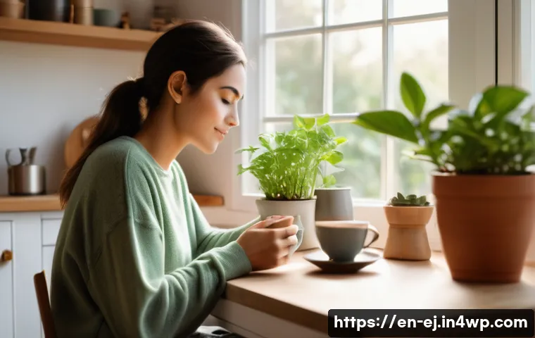 마인드풀니스와 일상에서의 행복 찾기 - A serene morning scene in a cozy, sunlit kitchen where a young adult woman sits peacefully at a smal...