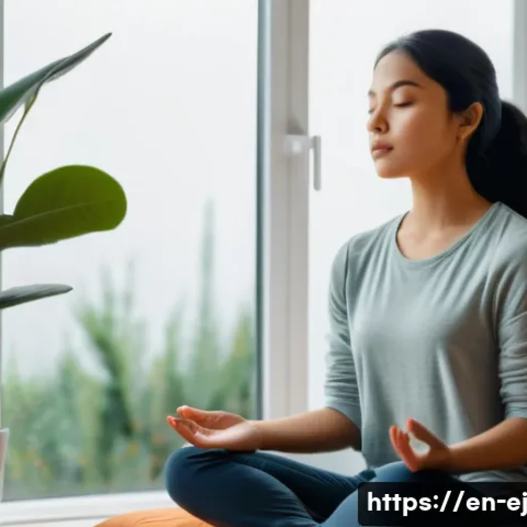 마인드풀니스 속에서의 내적 평화 - A serene indoor scene showing a young adult sitting cross-legged on a soft cushion in a minimalist l...
