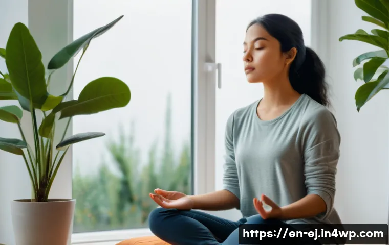 마인드풀니스 속에서의 내적 평화 - A serene indoor scene showing a young adult sitting cross-legged on a soft cushion in a minimalist l...