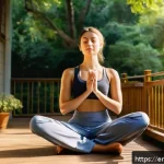 Home 21 마인드풀니스와 내면의 평화 찾기 - A serene early morning scene of a young woman sitting cross-legged on a wooden porch surrounded by l...