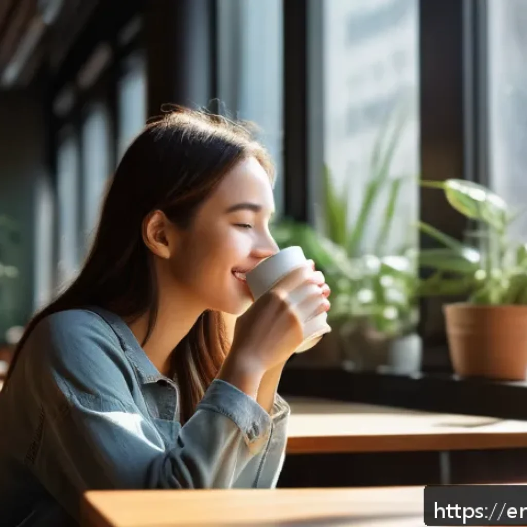 마인드풀니스와 개인적 성장의 상관관계 - A serene scene of a young adult woman sitting peacefully in a sunlit urban café, wearing casual comf...