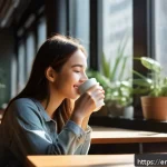 Home 20 마인드풀니스와 개인적 성장의 상관관계 - A serene scene of a young adult woman sitting peacefully in a sunlit urban café, wearing casual comf...