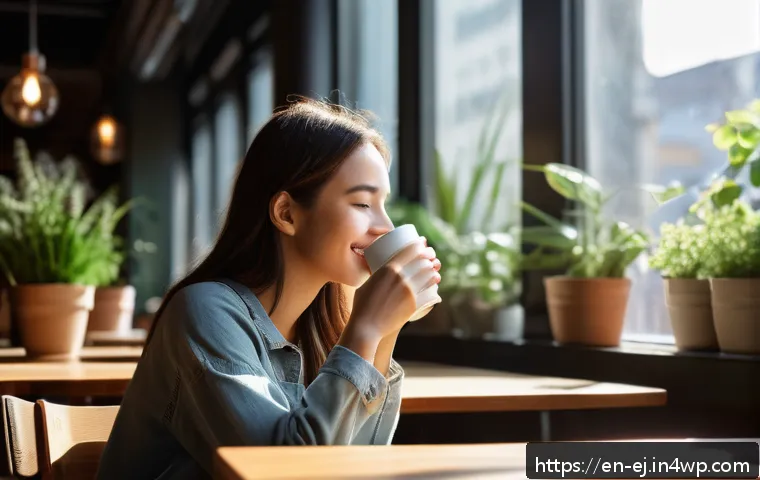 마인드풀니스와 개인적 성장의 상관관계 - A serene scene of a young adult woman sitting peacefully in a sunlit urban café, wearing casual comf...