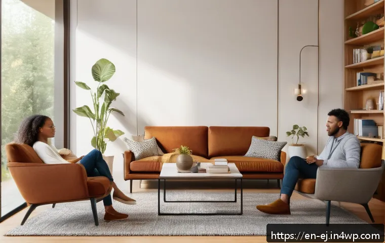 마인드풀니스와 커뮤니케이션 향상 - A warm, inviting modern living room scene featuring two diverse adults engaged in deep conversation,...
