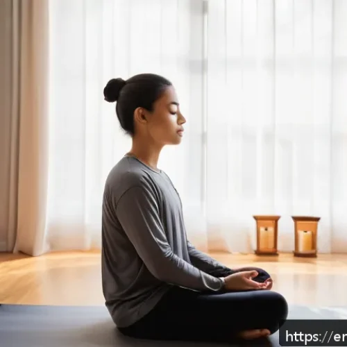Home 30 마인드풀니스와 감정의 흐름을 이해하기 - A serene, softly lit meditation room with a young adult sitting cross-legged on a plush cushion, eye...