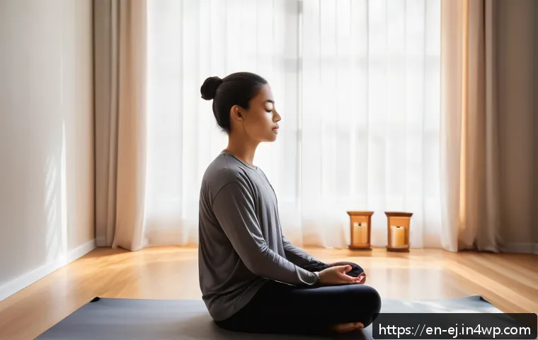 마인드풀니스와 감정의 흐름을 이해하기 - A serene, softly lit meditation room with a young adult sitting cross-legged on a plush cushion, eye...