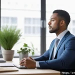 Home 23 마인드풀니스와 리더십의 관계 - A serene office scene featuring a confident business leader practicing mindful breathing at their de...