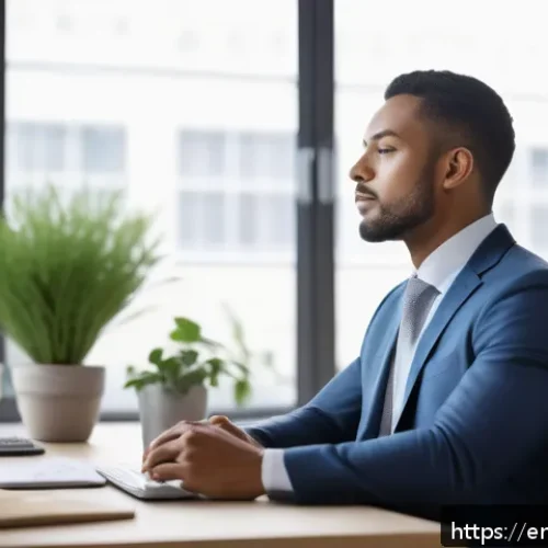 Home 17 마인드풀니스와 리더십의 관계 - A serene office scene featuring a confident business leader practicing mindful breathing at their de...