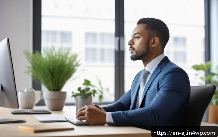 마인드풀니스와 리더십의 관계 - A serene office scene featuring a confident business leader practicing mindful breathing at their de...